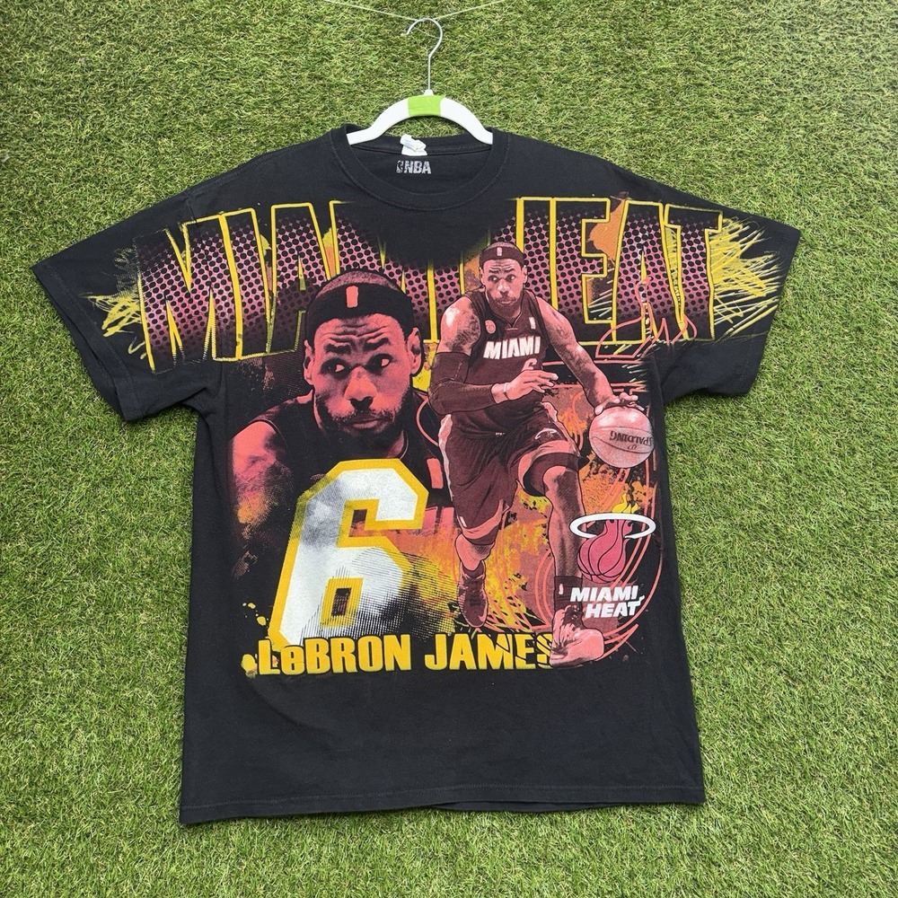 Vintage Miami Heat AOP Shirt Mens Large Black NBA Basketball LeBron James 90s
